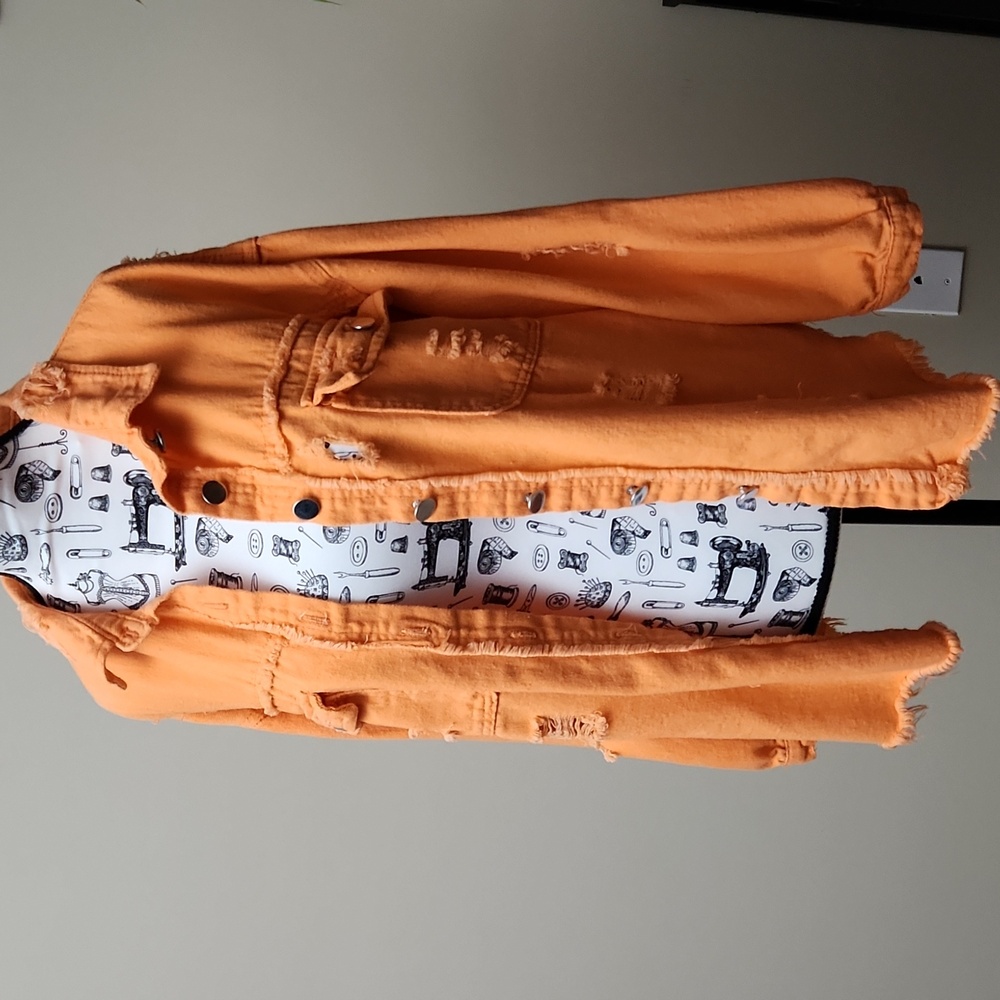 Orange Distressed Denim Button Down Shacket Women's Medium Frayed Hemline Shirt